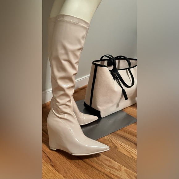 Slouchy leather high boots pointed toe tall heeled boots patent wedge heel - Picture 4 of 6